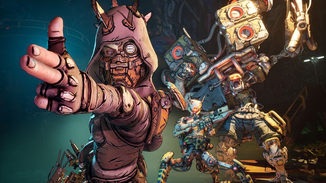 Borderlands 4 no Switch 2 é adiado indefinidamente e todas as pré-vendas serão canceladas 1 Cena de ação em estilo cel-shading de Borderlands 4, mostrando combatentes armados e máquina robótica em cenário industrial sombrio.