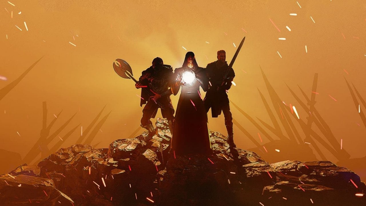 Gothic 1 Remake não chegará ao Switch 2 pois o console não "está à altura dos padrões" do jogo 1 Três figuras em silhueta sobre promontório rochoso diante de céu alaranjado, incluindo guerreiro com armadura, figura encapuzada com energia luminosa e guerreiro ágil empunhando espada, em cenário de fantasia sombria.