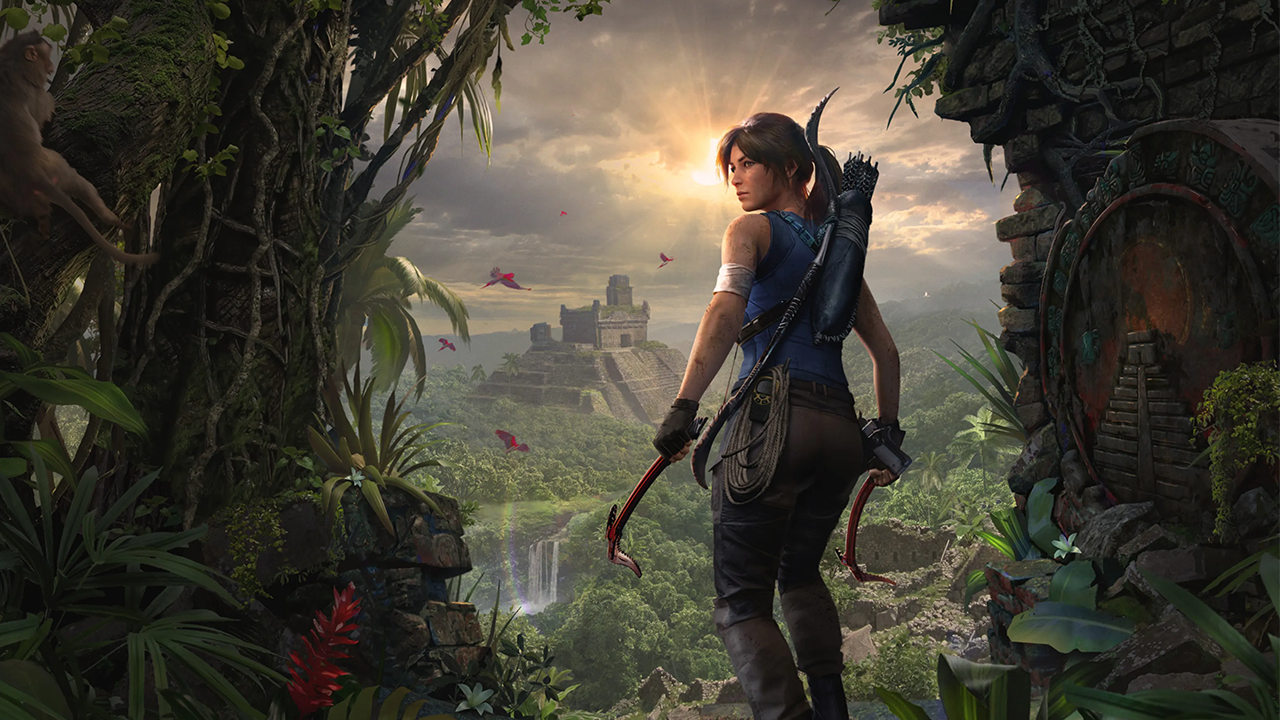 Crystal Dynamics enfrenta sua terceira rodada de demissões em 2025 1 Lara Croft de costas segurando arco em selva com ruínas sob luz dourada do fim de tarde
