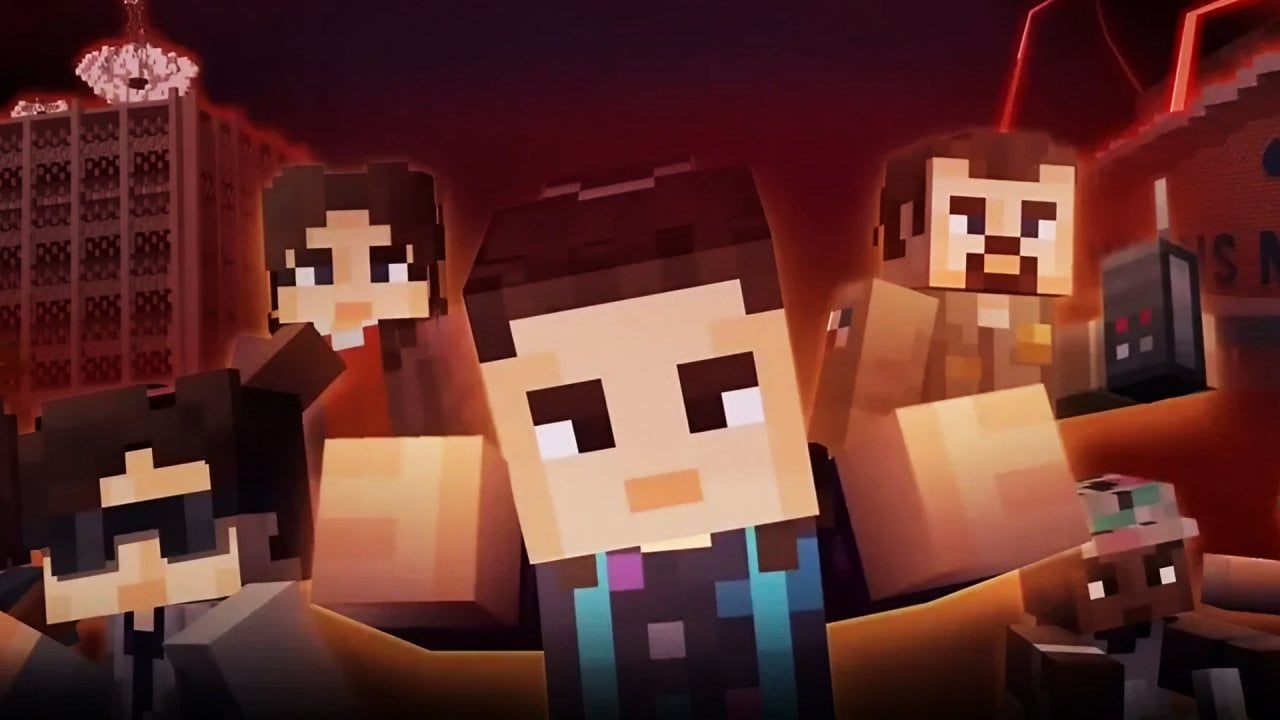 Minecraft ganha DLC de Stranger Things com muitas novidades 1 Personagens em estilo Minecraft inspirados em Stranger Things reunidos diante de cenário de cidade voxel sob céu avermelhado e fendas de magma.