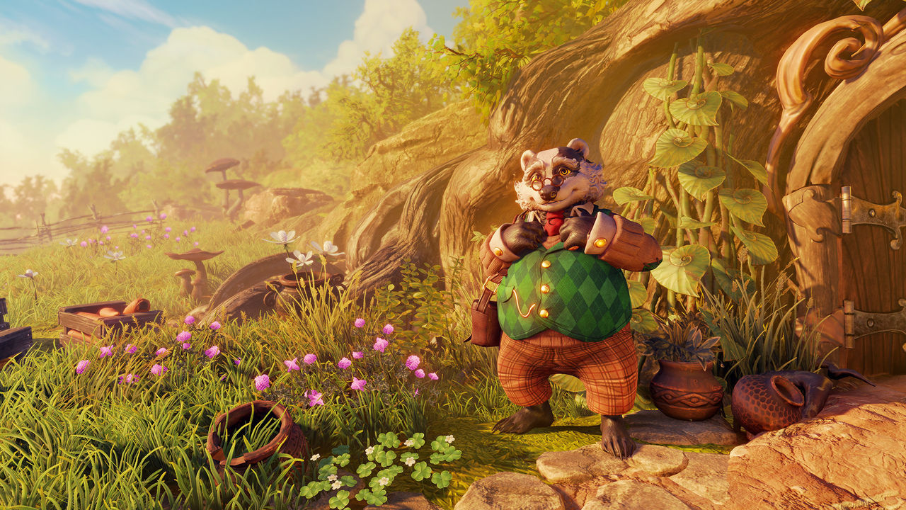 Trine Classic Collection é o jogo gratuito de hoje na Epic Games Store 1 Animal antropomórfico com máscara escura e roupas coloridas parado ao lado de uma casa esculpida em encosta em um cenário de fantasia do jogo Trine 4