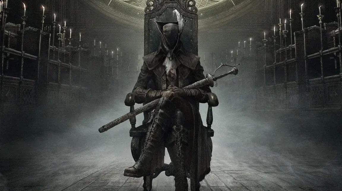 Caçador sombrio sentado em cadeira no salão gótico de Bloodborne