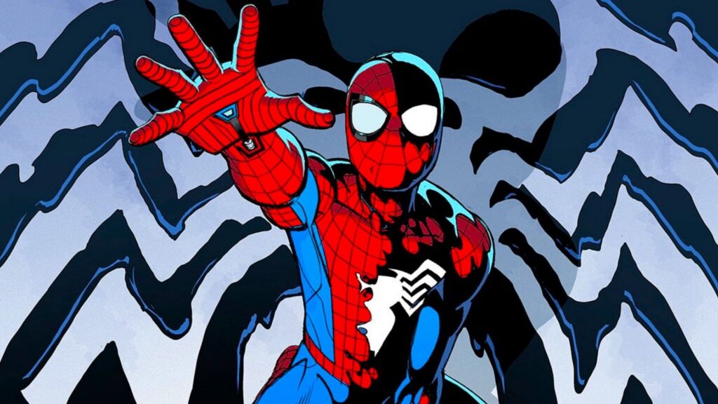 Homem-Aranha e Venom - simbionte tomando o traje do herói Homem-Aranha com o traje vermelho sendo tomado pelo simbionte Venom em arte animada estilizada